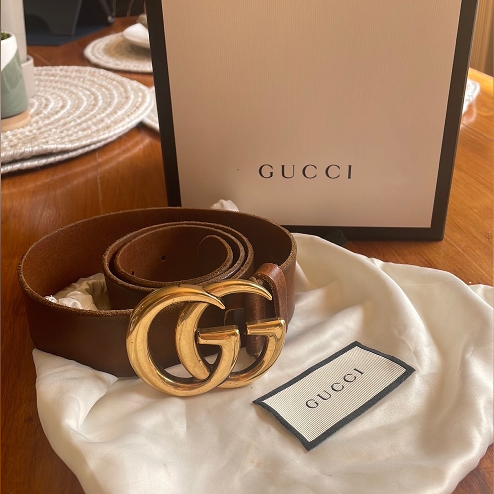 1.5” Brown Faded Leather Gucci Belt with Brass Double G Buckle